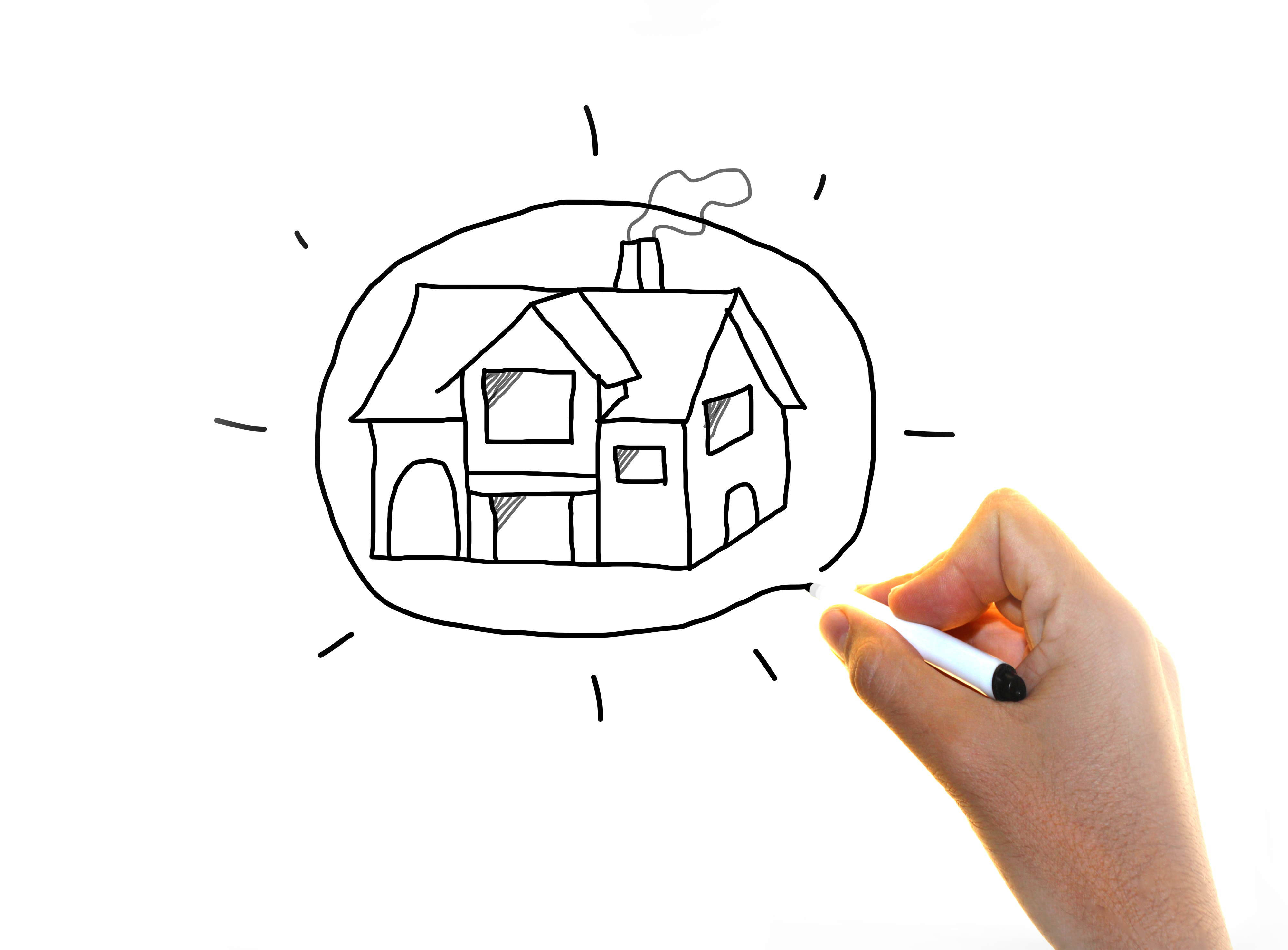 Real estate and accomodation - Man drawing house on virtual scre